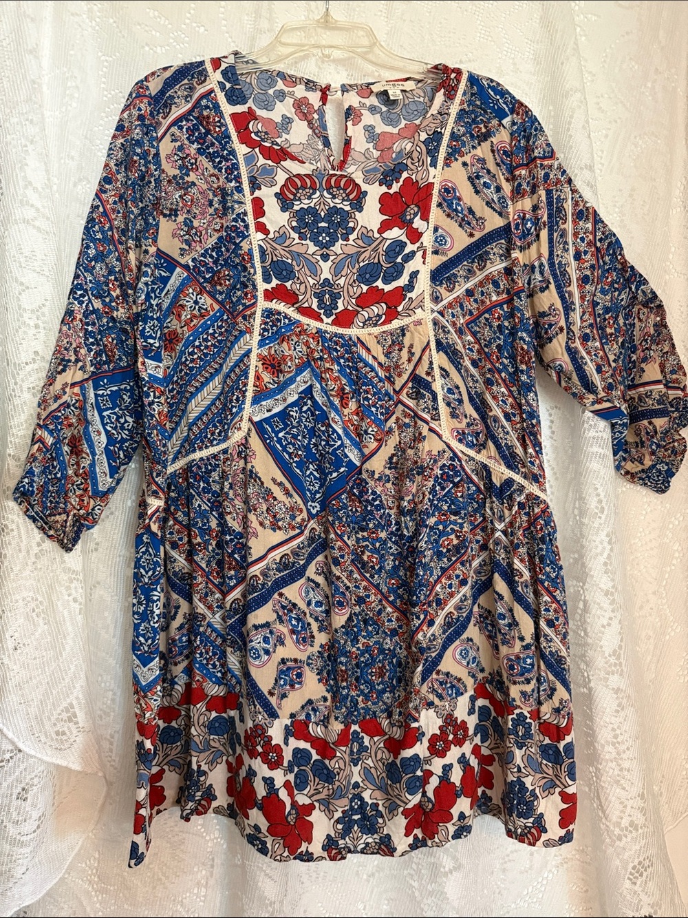 Umgee Patchwork Boho Tunic Dress in Blue, Red & Cream